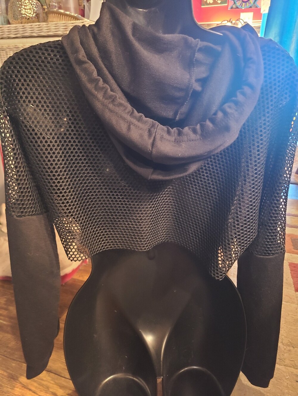 Black Mesh Cropped Hoodie Sweater - Women's